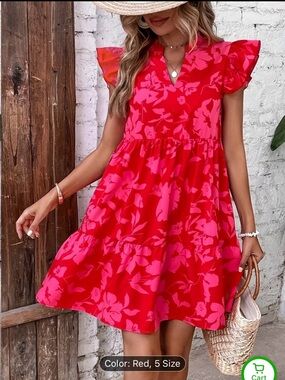 SHEIN Red & Pink Floral V-Neck Flutter Sleeve Midi Dress